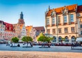 Colorful spring cityscape of Wroclaw, Market Square with Town Hall. Picturesque evening view of historical capital of Silesia, Pol