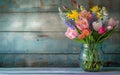 Colorful Spring Flowers Arranged in a Glass Jar Against a Rustic Blue Wooden Background Royalty Free Stock Photo