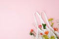 colorful spring flowers with the eco-friendly bag on pink pastel background. beauty background and the sustainability concept Royalty Free Stock Photo