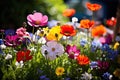 Colorful spring flowers in the garden on a bright sunny day, Colorful wildflowers blooming in a garden on a sunny day, AI Royalty Free Stock Photo