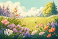 Colorful spring flowers and meadow, illustation