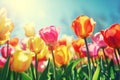 Colorful spring flowers tulips pink, yellow, orange, red with green leaves on the background of blue sky in the rays of Royalty Free Stock Photo