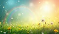 Colorful spring meadow with flowers and dandelions illuminated by sunlight and rainbow Royalty Free Stock Photo