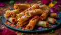 Colorful spring roll plate, a gourmet celebration of Chinese culture generated by AI Royalty Free Stock Photo