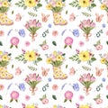 Colorful spring or summer themes seamless pattern with pretty pink and yellow flowers, kids rain boot, butterflies