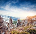 Colorful spring sunset over the mountain ranges in the national Royalty Free Stock Photo