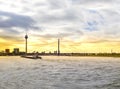 Colorful spring sunset of Rhein river in Dusseldorf, Germany Royalty Free Stock Photo