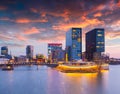 Colorful spring sunset of Rhein river at night in Dusseldorf Royalty Free Stock Photo