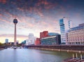 Colorful spring sunset of Rhein river at night in Dusseldorf Royalty Free Stock Photo