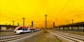 Colorful spring sunset train track in Dusseldorf