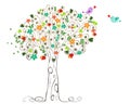 Colorful spring tree and birds in love Royalty Free Stock Photo