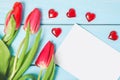 Colorful spring tulip flowers with blank photo and decorative red hearts on light blue wooden background as greeting card. Royalty Free Stock Photo