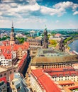 Colorful spring view from Church of Our Lady Frauenkirche of the Elbe river and Dresden town.