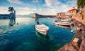 Colorful spring view of the Nafpaktos port. Fantastic morning scene of the Gulf of Corinth, Greece, Europe. Beauty of countryside