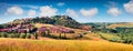 Colorful spring view of Pienza town. Picturesque morning panorama of Tuscany, San Quirico d`Orcia, Italy, Europe. Royalty Free Stock Photo