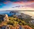 Colorful spring view of the Voidokilia beach from Navarino Castle. Dramatic sunrise on the Ionian Sea, Pylos town location,