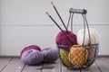 Colorful spring wool yarn in an iron basket with wooden knitting needles Royalty Free Stock Photo