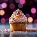 Colorful Sprinkled Cupcake, Hyperrealistic CloseUp. Generative AI