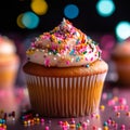 Colorful Sprinkled Cupcake, Hyperrealistic CloseUp. Generative AI