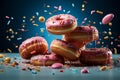 Colorful sprinkled donuts soaring through the air on a blue backdrop