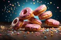 Colorful sprinkled donuts soaring through the air on a blue backdrop