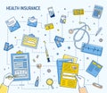 Colorful square banner with hands filling out document of health insurance and calculating healthcare expenses