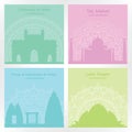 Colorful square cards with silhouettes indian sights. Templates for tourist banners, invitation with mandala.