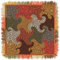 Colorful square carpet with wavy, swirled ,quilted pattern and fringe