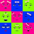 Colorful square emojis icons set different girl faces with bow. Vector illustration Royalty Free Stock Photo