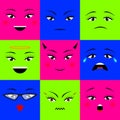 Colorful square emojis icons set different girl faces. Vector illustration