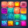 Colorful square glowing crystal glass buttons for game or web design. Bright crystals, gems button for kids games Royalty Free Stock Photo