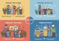 Colorful squared illustration featuring Muslim families in four sections labeled with Royalty Free Stock Photo