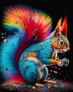 A colorful squirrel with a red tail is holding a blue ball with colorful feathers.