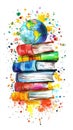 Colorful stack of books with globe and splash of paint. International Literacy Royalty Free Stock Photo