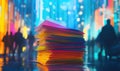 Colorful stack of papers in vibrant urban setting with blurred silhouettes Royalty Free Stock Photo
