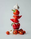 Colorful stack of red peppers, tomatoes, garlic, and pearls on a white background Royalty Free Stock Photo