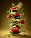 A colorful stack of sliced vegetables including zucchini, eggplant, and tomatoes, garnished with herbs and spices, on a dark Royalty Free Stock Photo