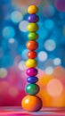 Colorful stack of smooth spheres against vibrant bokeh background, playful and abstract concept Royalty Free Stock Photo