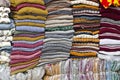 Colorful stacked fabric in big market , India