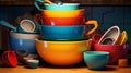 Colorful stacked kitchen bowls and measuring cups on a wooden countertop with a tiled backdrop Royalty Free Stock Photo