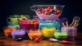 Colorful stacked kitchen bowls and measuring cups on a wooden countertop with a tiled backdrop Royalty Free Stock Photo