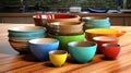 Colorful stacked kitchen bowls and measuring cups on a wooden countertop with a tiled backdrop Royalty Free Stock Photo