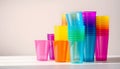 Colorful Stacked Plastic Cups Displayed on a White Surface Simple Backdrop Royalty Free Stock Photo