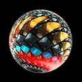Colorful stained-glass circular window with rectangular pattern isolated on black