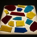 Colorful stained glass fragments arranged on a backlit surface. Various shapes Royalty Free Stock Photo