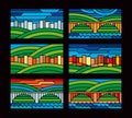 Colorful stained glass. Geometric drawings of the city and the bridge