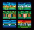 Colorful stained glass. Geometric drawings of the city, bridge, trees in the park