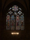 Colorful stained glass mosaic window decoration inside of Notre Dame Cathedral church Strasbourg Alsace France Europe