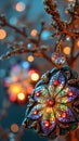 Colorful stained glass ornament on tree in soft focus holiday lights Royalty Free Stock Photo