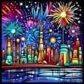 Colorful stained glass, urban, skyscrapers and fireworks shots in the sky. New Year\'s fun and festiv